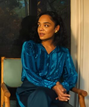 Tessa Thompson inspired His and Hers S01 blue silk blouse designed with soft silk material and versatile everyday styling