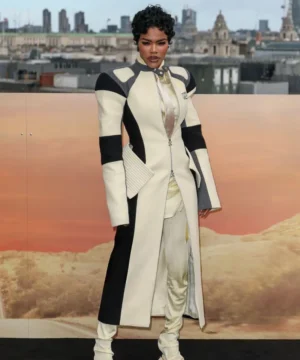 Teyana Taylor One Battle After Another long coat featuring a sleek silhouette and celebrity-inspired outerwear style