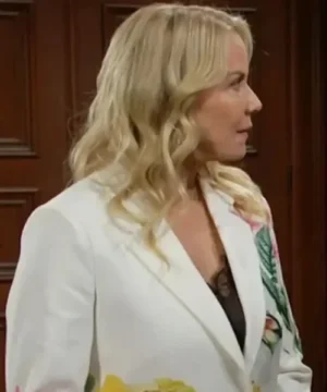 Katherine Kelly white floral graphic blazer from The Bold and the Beautiful, stylish TV show inspired outerwear