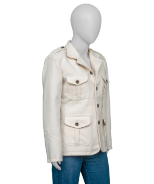 “The Girlfriend Robin Wright white blazer-style jacket perfect for chic and casual fashion looks.”