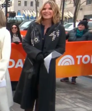 “Jenna Bush Hager floral embroidered coat from The Today Show, elegant TV host inspired outerwear.”