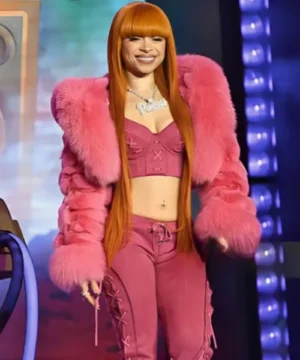 Ice Spice Times Square pink faux fur jacket, stylish celebrity-inspired outerwear