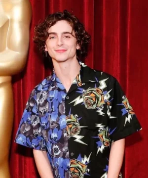 Blue and black shirt worn by Timothée Chalamet stylish streetwear outfit