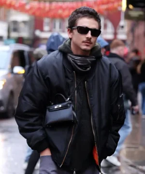 Timothée Chalamet Marty Supreme Q&A black bomber jacket featuring a sleek silhouette and celebrity-inspired streetwear style