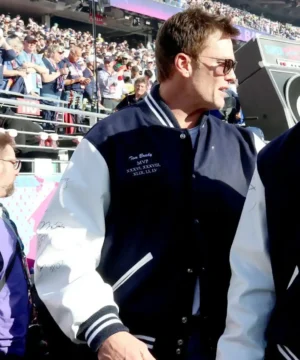 Super Bowl LX MVP Tom Brady varsity jacket for game day fashion featuring iconic football memorabilia and sporty winter layering