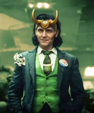 Tom Hiddleston Loki President suit featuring sharp tailoring and iconic TV-inspired formal style