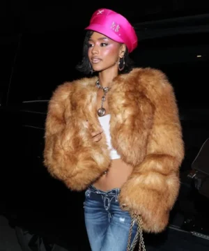 Tyla Paris Fashion Week fur cropped jacket, trendy celebrity-inspired high-fashion outerwear
