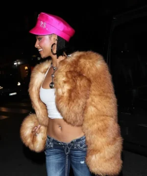 Paris Fashion Week Tyla fur cropped jacket, chic runway celebrity style