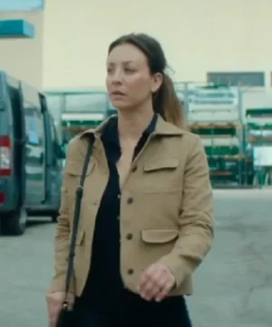 Kaley Cuoco Vanished S01 tan jacket featuring sleek TV‑series inspired design with premium casual outerwear styling