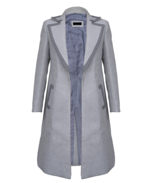 “Netflix Wednesday Principal Larissa grey coat, authentic fan fashion piece for cosplay and daily wear.”
