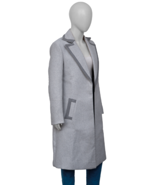 “Grey coat from Wednesday series worn by Principal Larissa, trendy and authentic costume jacket for fans.”
