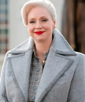 “Wednesday Principal Larissa grey coat, stylish outerwear inspired by the Netflix series Wednesday for fans.”