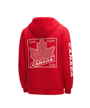 Team Canada 2026 Winter Olympics hoodie with bold red color, modern fit, and fan apparel styling