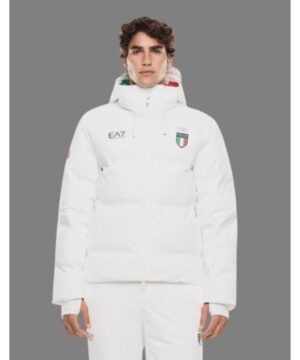 Team Italy 2026 Winter Olympics puffer jacket with bold blue and white design and modern winter sports appeal