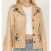 Women’s tan leather jacket with embroidered designs and stylish fringe detailing for premium casual outerwear