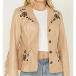 Women’s Embroidered Tan Fringe Leather Jacket