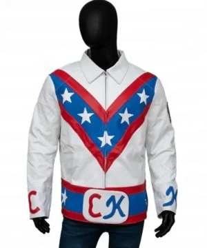 Classic Evel Knievel leather jacket with bold stars and stripes detailing, perfect for motorcycle enthusiasts