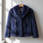Luxury Midnight Blue Faux Fur Coat, Short Classic Jacket