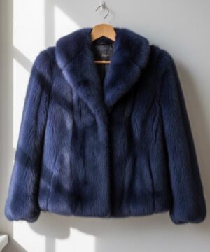 Luxury midnight blue faux fur coat featuring a short classic jacket design with elegant winter style