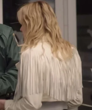 White Fringe Jacket Inspired by Kiernan Shipka in Totally Killer 2023 – Fashionable Celebrity Style Coat