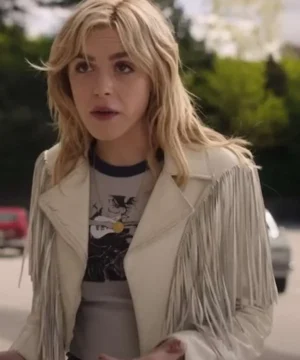 Totally Killer 2023 Movie Kiernan Shipka White Fringe Leather Jacket with Western Fringe Detail