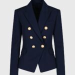 Women’s Navy Blue Double Breasted Blazer with Gold Buttons Elegant Formal Dress