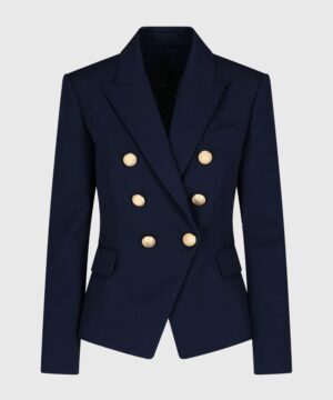 Women’s Navy Blue Double Breasted Blazer with Gold Buttons Elegant Formal Dress