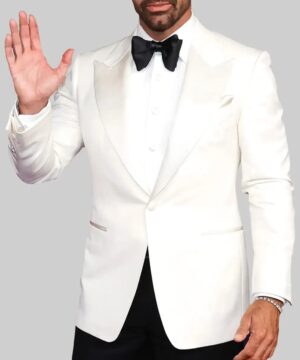Men's White Tuxedo Blazer with Black Bow Tie Luxury Formal Wedding Dinner Outfit